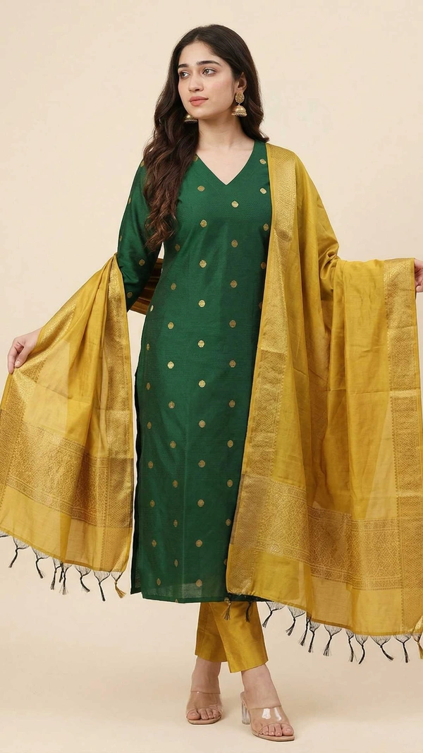 Women Green Art Silk Kurta Pant Set With Golden Dupatta